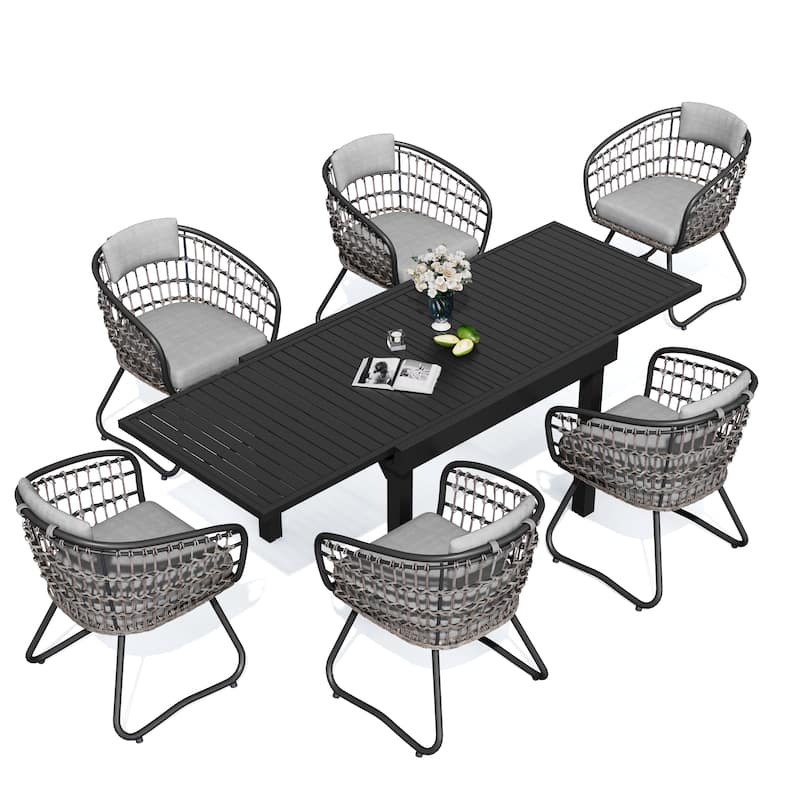 7/9PC Outdoor Aluminum Expandable Patio Dining Sets Extension Table with Rattan Chair