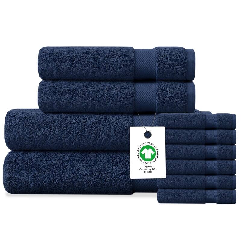 Delara Organic Cotton Luxuriously Plush Bath Towel 10 Piece Set | GOTS & OEKO-TEX Certified | 650 GSM Long Staple - Navy Blue