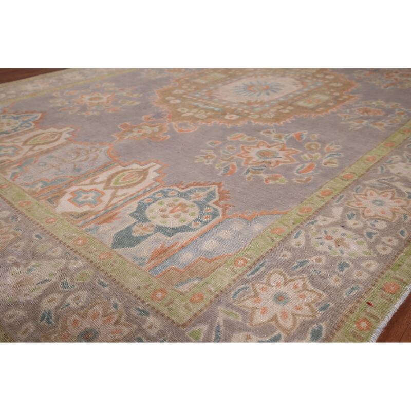 Gray Distressed Tabriz Vintage Persian Rug Hand-Knotted Wool Carpet - 6'7" x 9'8"