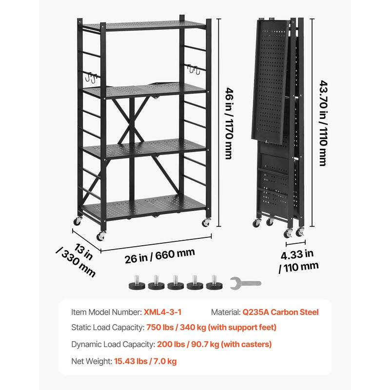 Black Carbon Steel 4 Tier Foldable Garage Storage Shelf with Wheels - 13 x 26 x 46 in