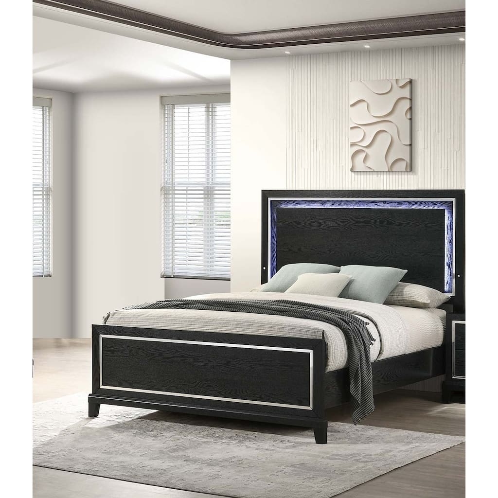 Modern Style 1pc Bed Set LED Light Headboard Tapered Legs Black Finish Bedroom Furniture