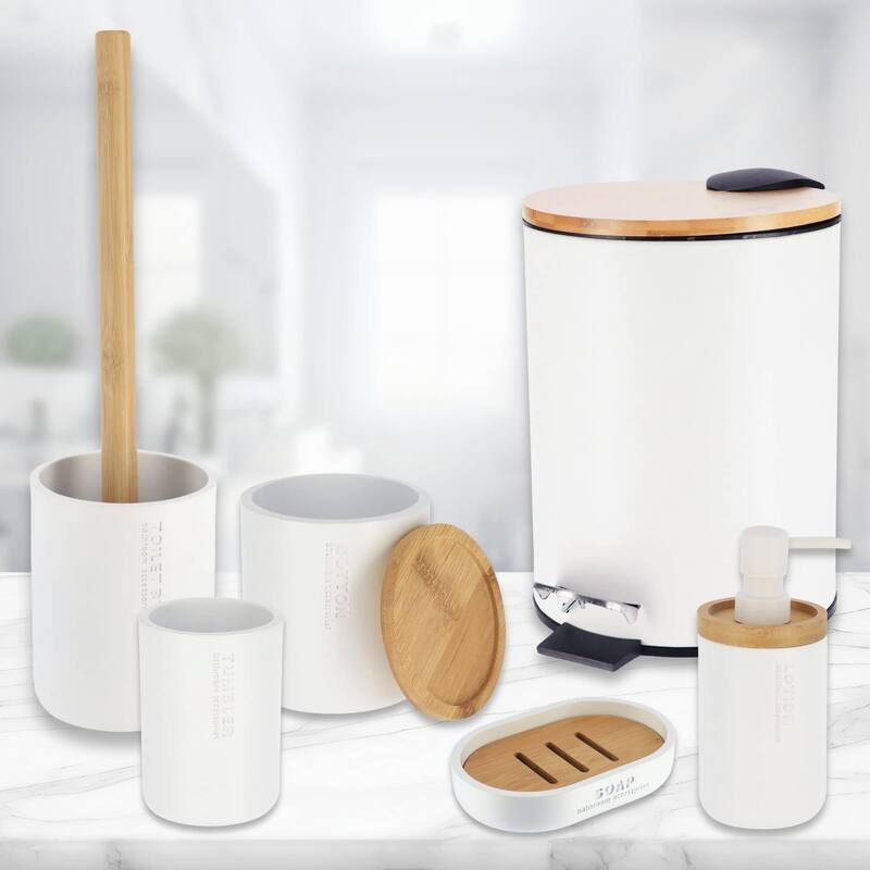 Bathroom Accessories with Natural Accents, Modern 6-piece Set - White