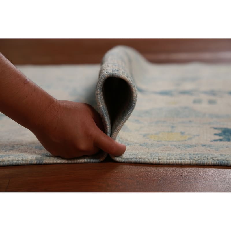 Hand Knotted Oriental 100% Wool Carpet Transitional Geometric Navy Blue & Blues Oushak Runner Rug - 14' 0'' X 3' 4''