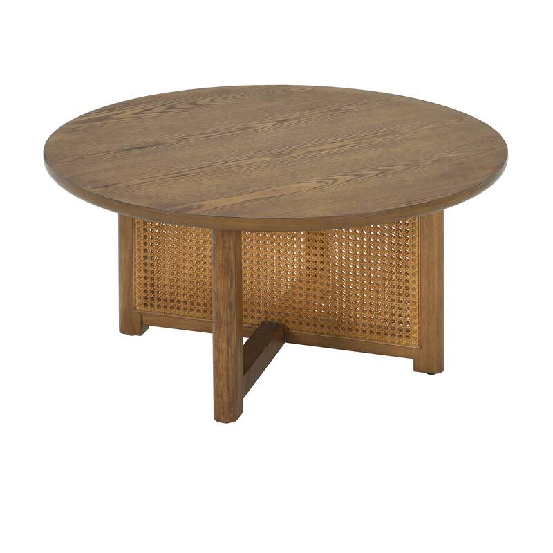 32'' Rattan Coffee Table Round Side Table, Wood Center Table End Table Rustic Dining Table for Living Room