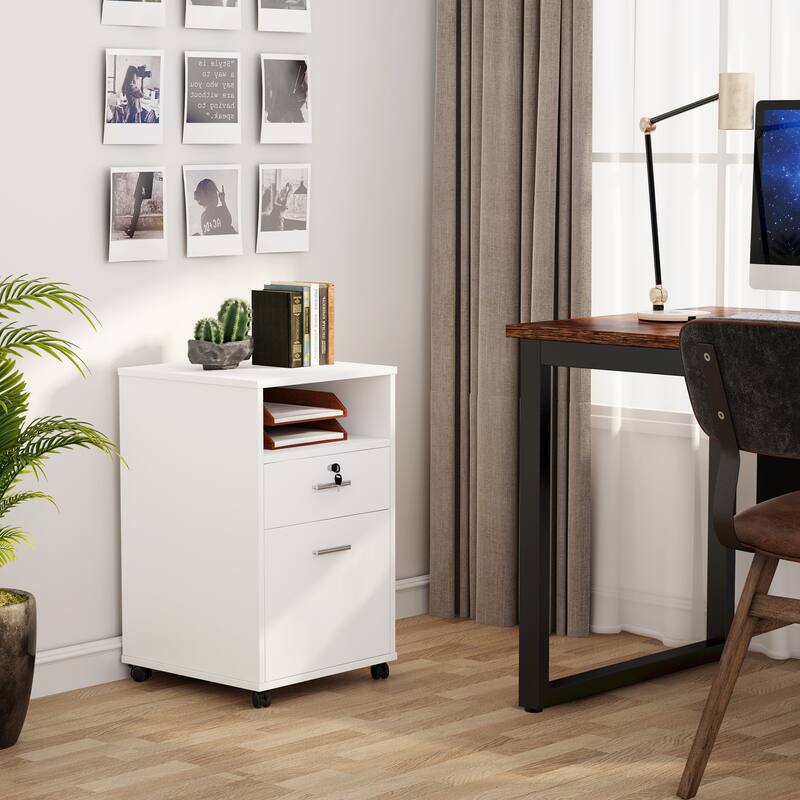 2 Drawer Mobile File Cabinet with Lock, Wood Modern Filing Cabinet