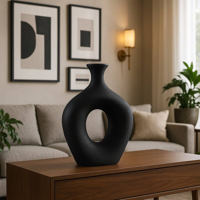 Modern Ceramic Textured Oval Cut-Out Vase - Home Decor - 13"