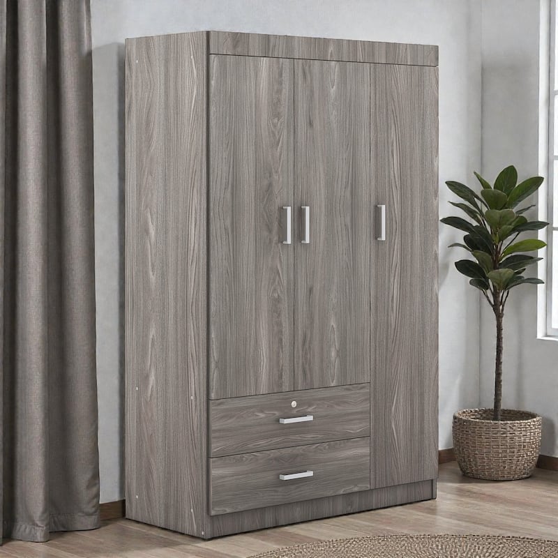3 Door Wardrobe Closet with 2 Drawers, Modern White Freestanding Armoire Storage Cabinet for Bedroom - Grey
