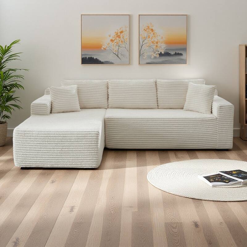 103.2" Corduroy L-Shaped Cloud Sectional Sofa with Deep Seats and No Assembly Required Modular Sleeper - White