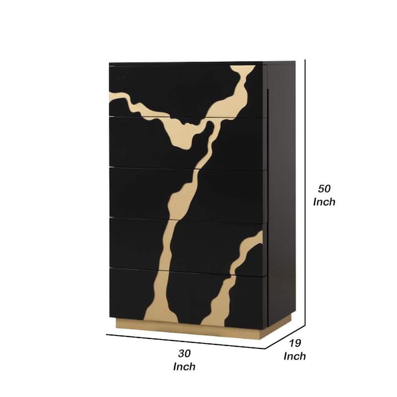 Goldie 5 Drawer Tall Dresser Chest, Black and Gold Wood, Bedroom Storage