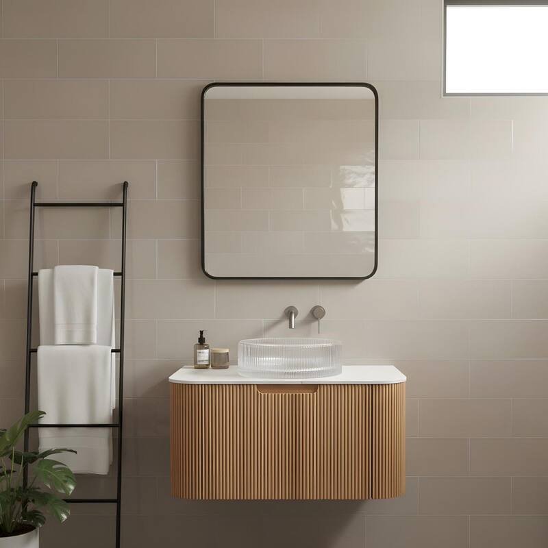 Floating Bathroom Vanity with Transparent Round Glass Basin - 30 - Natural Wood