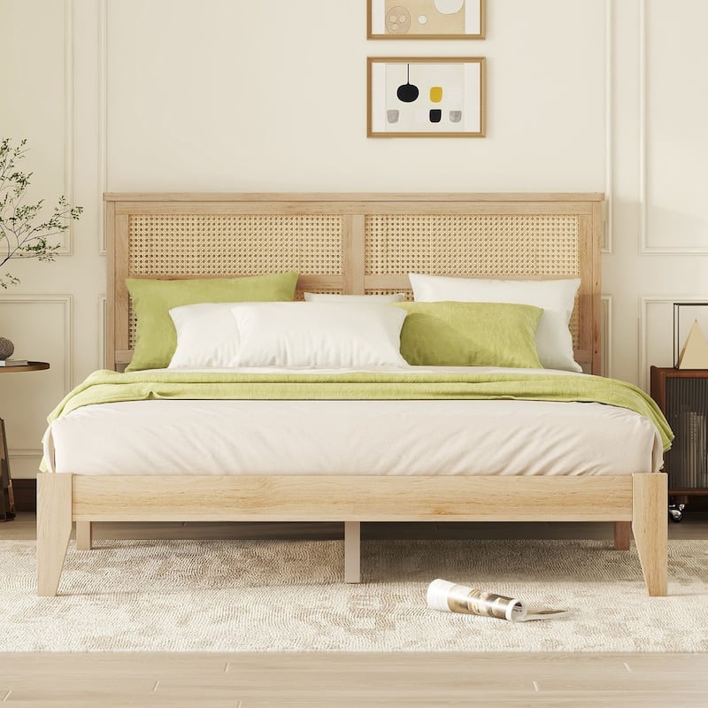 Queen Size Rubberwood Bed Frame with Rattan Headboard, Solid Wood Queen Platform Bed, Wood Slats Support