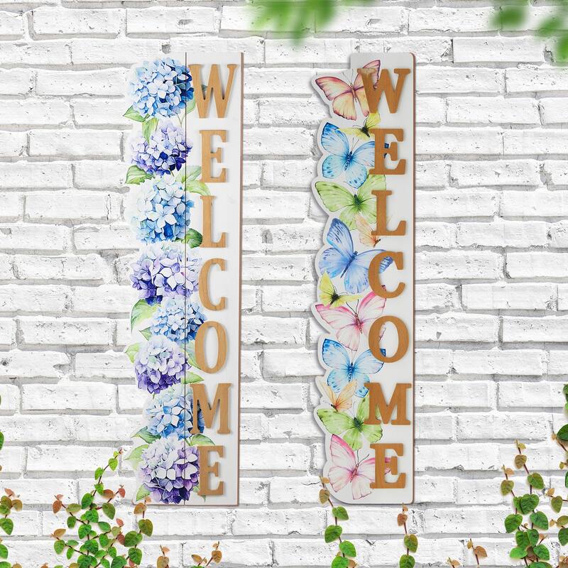 Glitzhome 42"H Solid Wood WELCOME Porch Sign with Bee Outdoor Decor