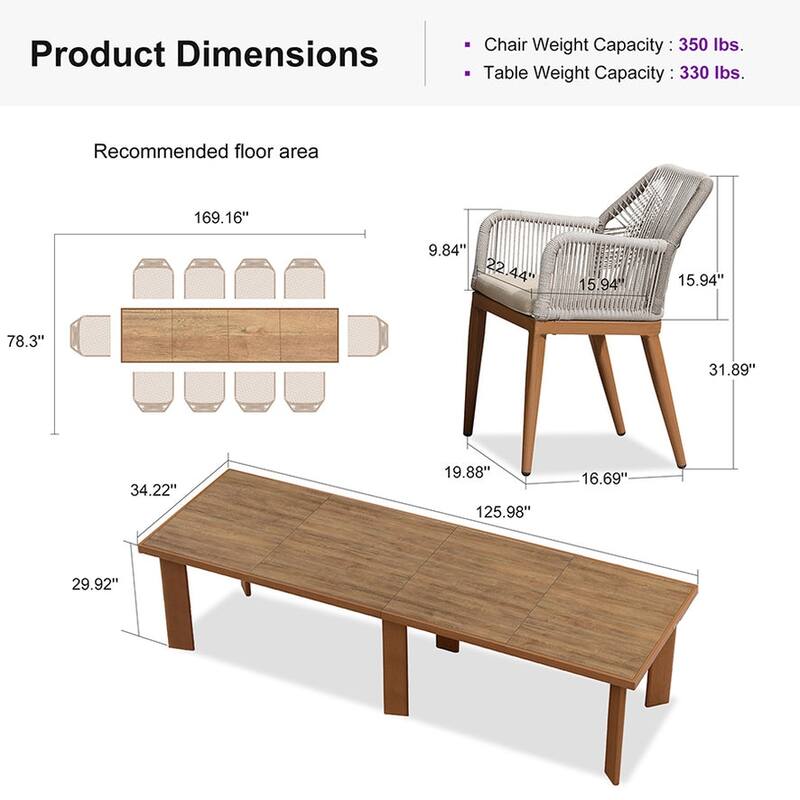 PURPLE LEAF Dining Set Patio Metal Rectangular Table and Wicker Rattan Chairs for Outside Porch Modern Outdoor Furniture Sets
