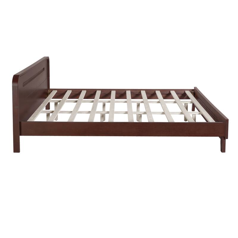 Rustic Pine Wood Bed Frame Low-Profile Platform Bed with Panel Headboard Solid Wood Slat Support and Extra Wide Thickened Legs