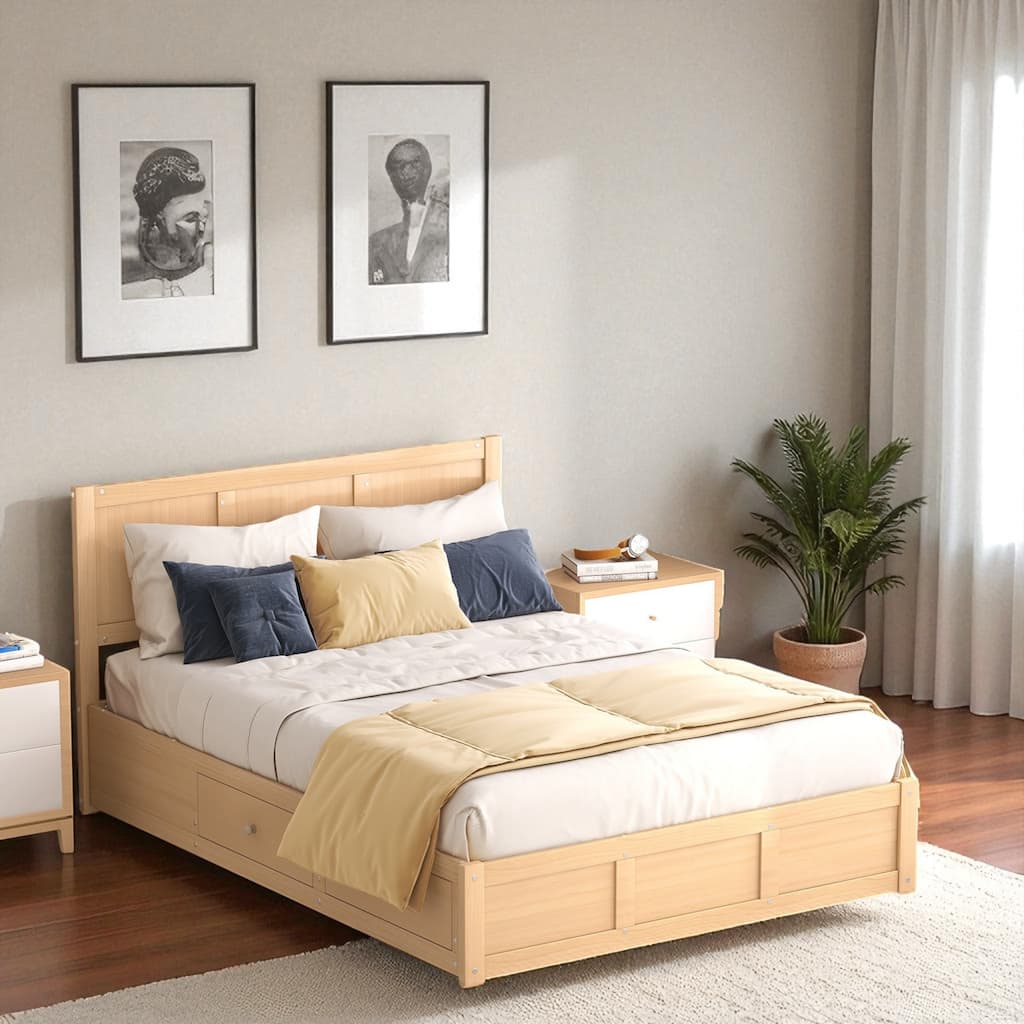 Full/Queen Size Wood Platform Bed with Headboard, 2 Drawers, Extra Storage Space & Sturdy Slats