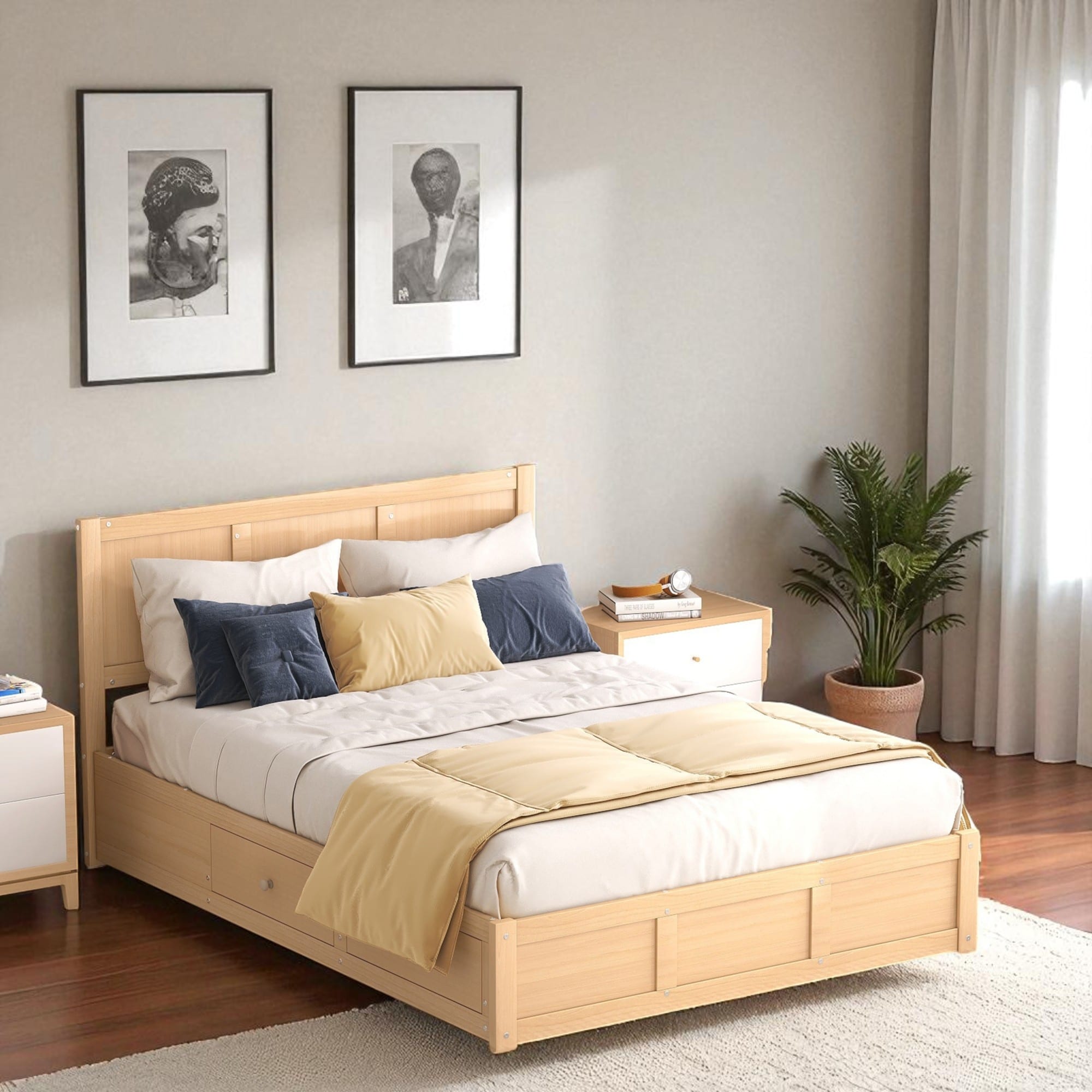 Full/Queen Size Wood Platform Bed with Headboard, 2 Drawers, Extra Storage Space & Sturdy Slats