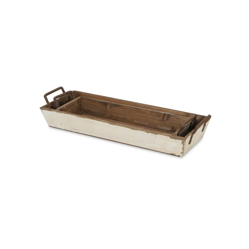 White Wooden Tapered Storage with Side Metal Handles (Set of 2)