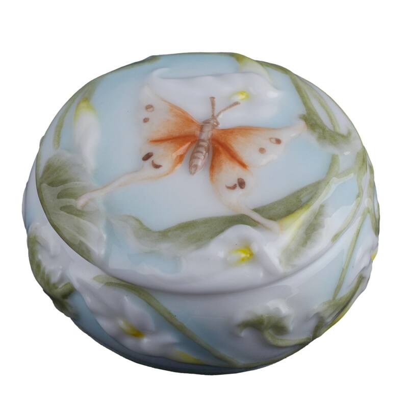 Charis 2.36" width BUTTERFLY & CALLA LILY TRINKET BOX multicolor Fine Porcelain
