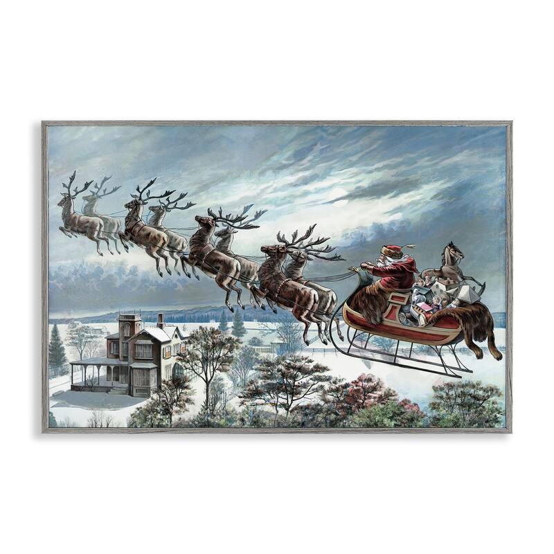 Stupell Santa's Sleigh over Town Framed Giclee Art Design By Arlington Prints - 24 x 16 - Grey