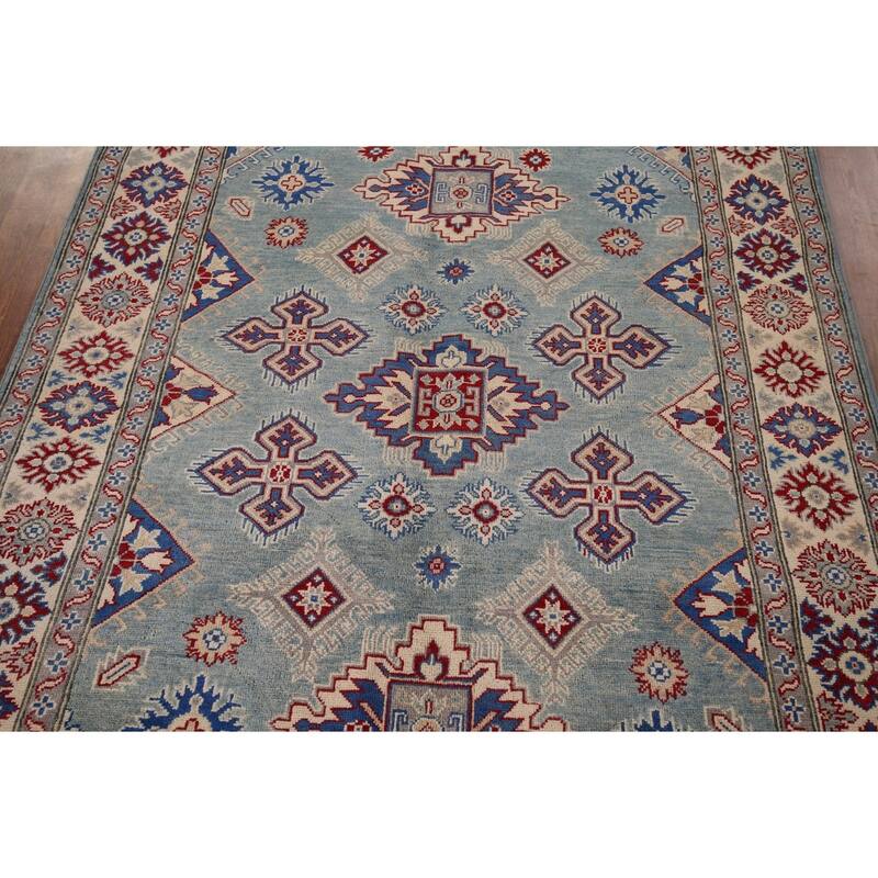 Light Blue Traditional / Geometric Kazak Rug Hand-Knotted Wool Carpet - 5'0" x 6'7"