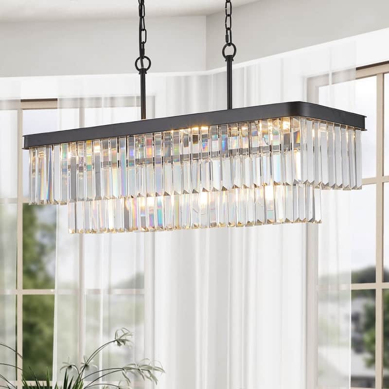 Adjustable Rectangular Crystal Chandelier - E12 Modern Industrial Farmhouse Ceiling Light with Iron Frame (Bulbs Not Included)