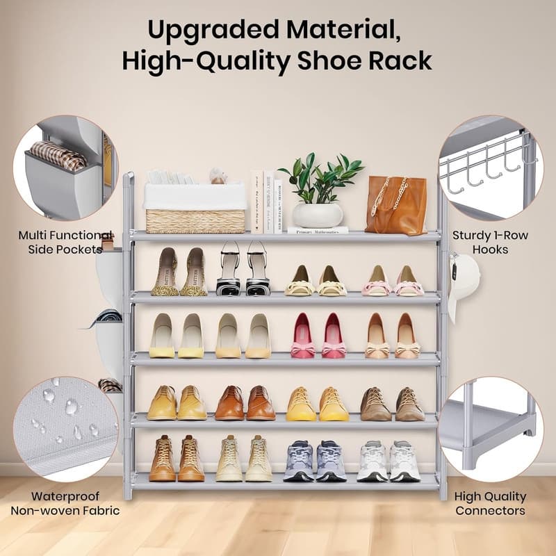 5 Tier Shoe Rack with Hook and Side Pocket - 11.2"D x 33.5"W x 35.6"H
