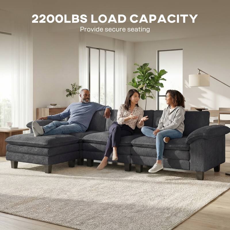 HOMCOM 124" Corduroy L-Shaped Sectional Sofa, Deep Seat, Ottoman, Beige, 2200lb