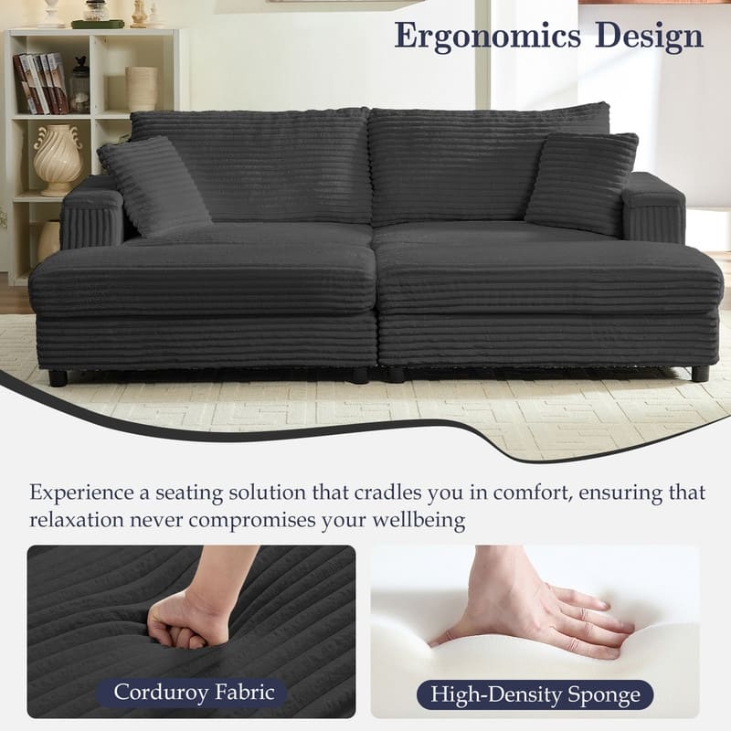 Mixoy 85‘’Corduroy Loveseat Chaise Lounge with Storage Ottoman&Armrests,Upholstered 2-Seater Sleeper Reclining Chair Indoor