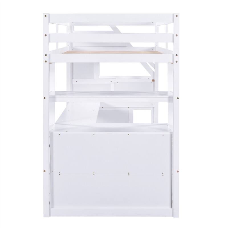Twin/Full Size Stairway Loft Bed with Built-in Desk with Two Drawers, Solid Wood Bed Frame with Storage Shelves for Kids Teens