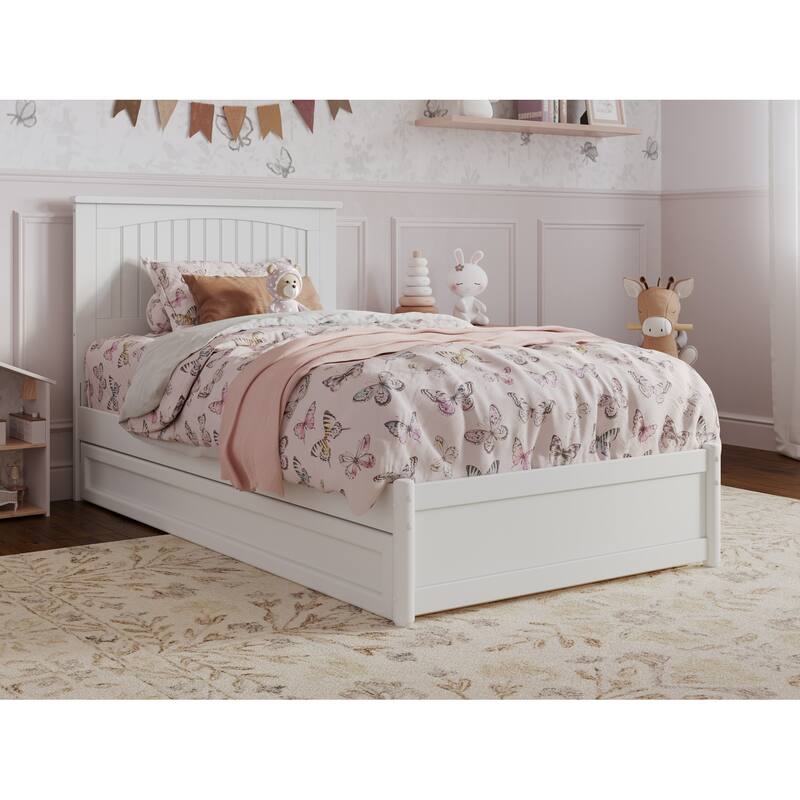 Twin Platform Bed with Trundle - White Wood Bed Frame & Panel Headboard - Space Saving Design