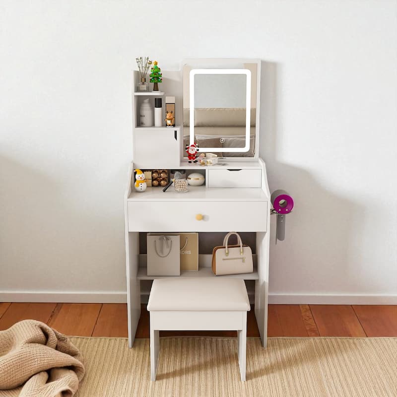 Vanity Desk with LED Mirror, Power Outlet, 3 Drawers, 7 Shelves and Storage Stool, Makeup Table for Women - White
