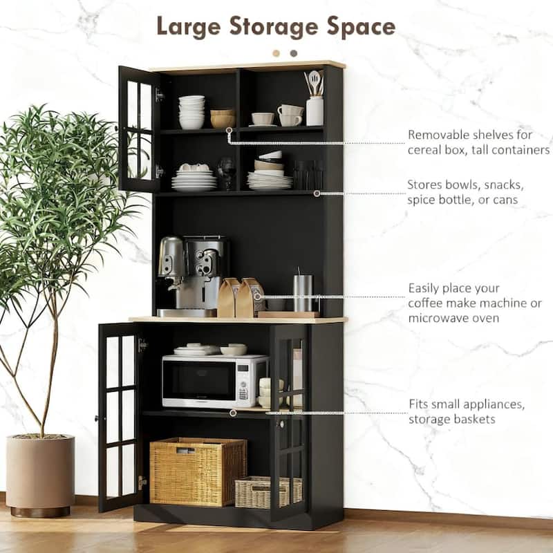 Wood Pantry Storage Cabinet, Freestanding Buffet Cabinet with Glass Doors and Adjustable Shelves, Kitchen Hutch with Doors