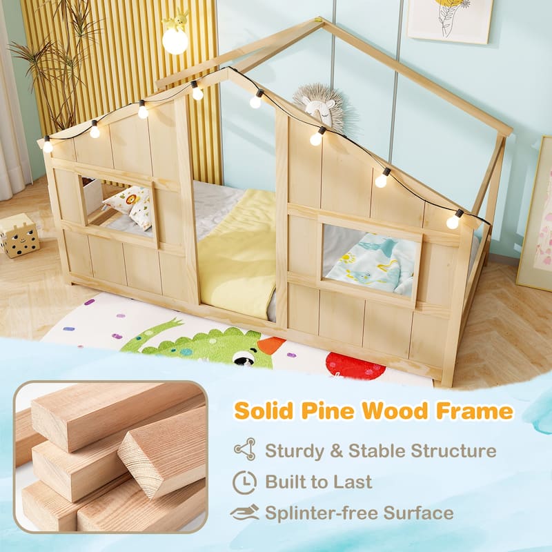 Twin Size Kids Floor Bed with LED Lights and Solid Wooden Montessori House Design