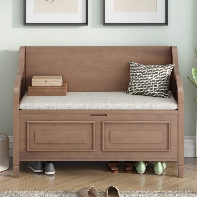 Rustic Style Solid wood Entryway Multifunctional Storage Bench with Safety Hinge - Brown