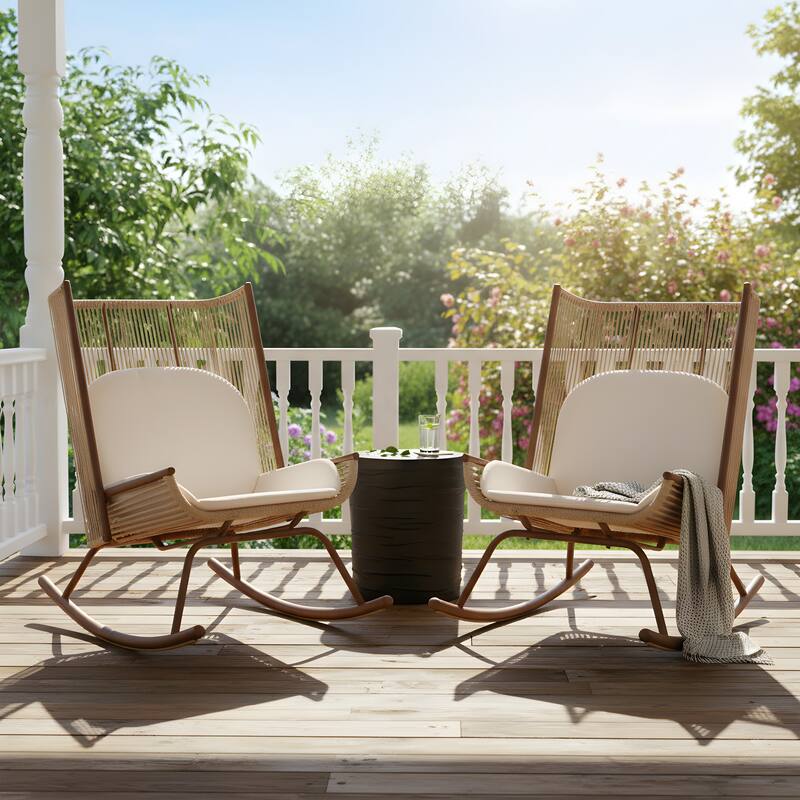 Christopher Knight Home - Set of 2 Modern Outdoor Rocking Chair with PE Rattan and Concrete Side Table Set - Natural+Black