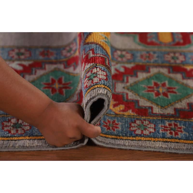 Grey Geometric Kazak Area Rug Hand-Knotted Wool Carpet - 8'2"x 11'5"