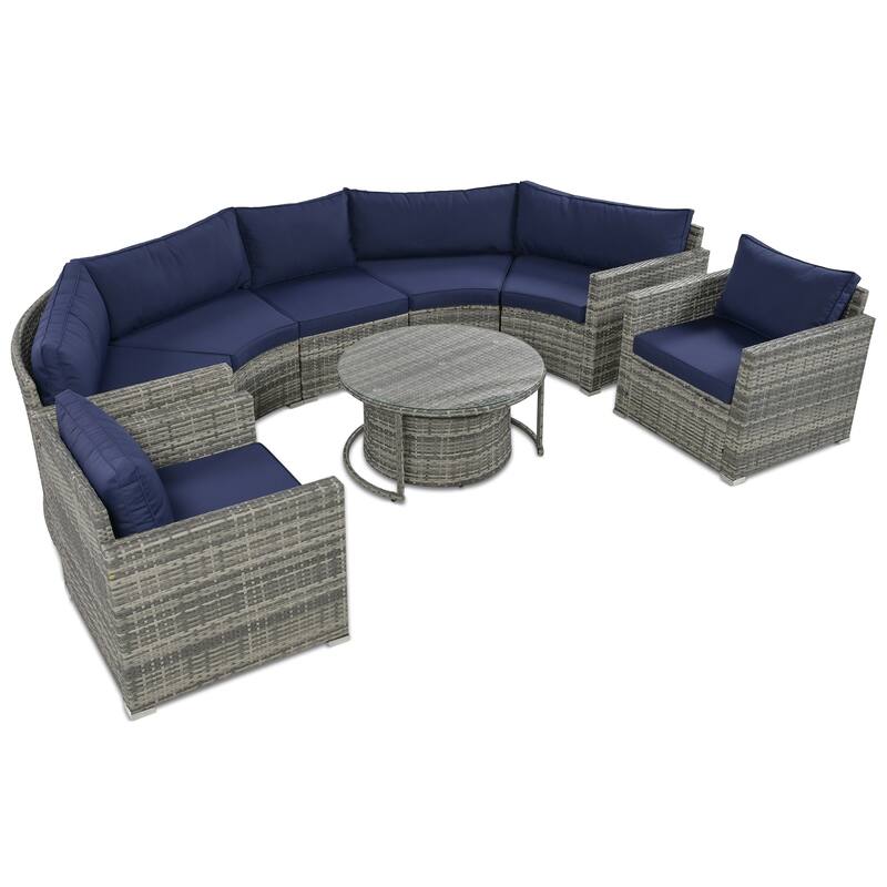 9 Piece Half-Moon Outdoor Sofa Set, All-Weather Rattan Conversation Furniture Set, Round Sofa Set with Coffee Table