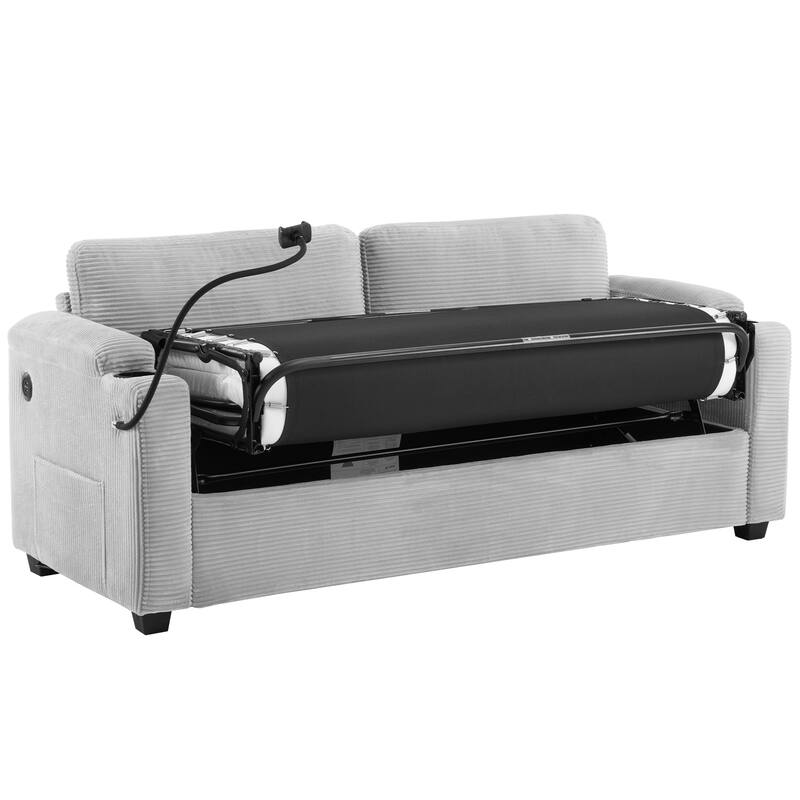 72.8" Corduroy Sleeper Sofa with Full Size Mattress and USB Ports, Loveseat Sofa with Cup Holders and Side Pockets