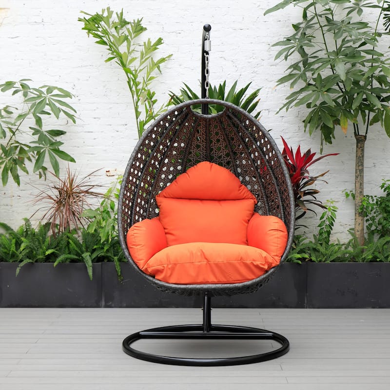 LeisureMod Charcoal Single Seater Rattan Wicker Egg Swing Hanging Chair for Indoor Outdoor Patio Porch Backyard Garden
