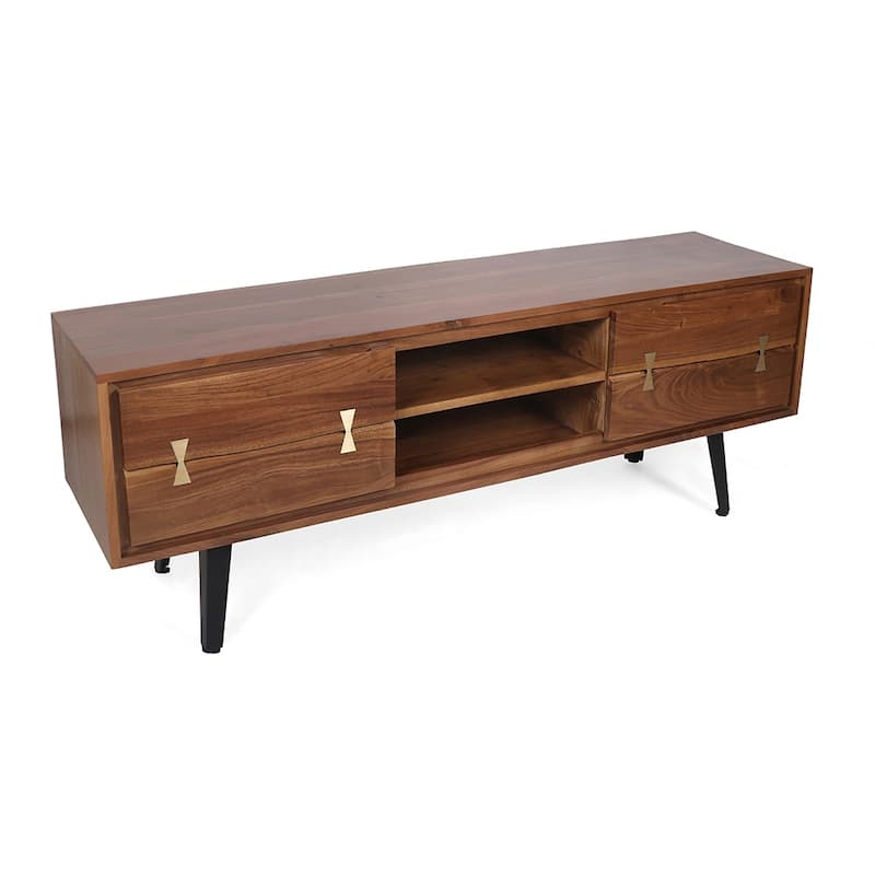 57.9" TV Stand with Two Closed Cabinets and Open Shelves for Living Room - Natural Wood+Brown