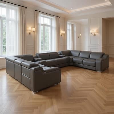HomeRoots Dark Gray Italian Leather Power Reclining U Shaped Ten Piece Corner Sectional With Console