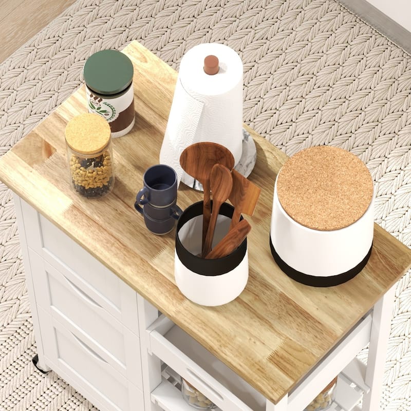 Rolling Kitchen Island Cart, Bar Serving Cart with Wood Top, Shelves & Drawers for Home Dining Area