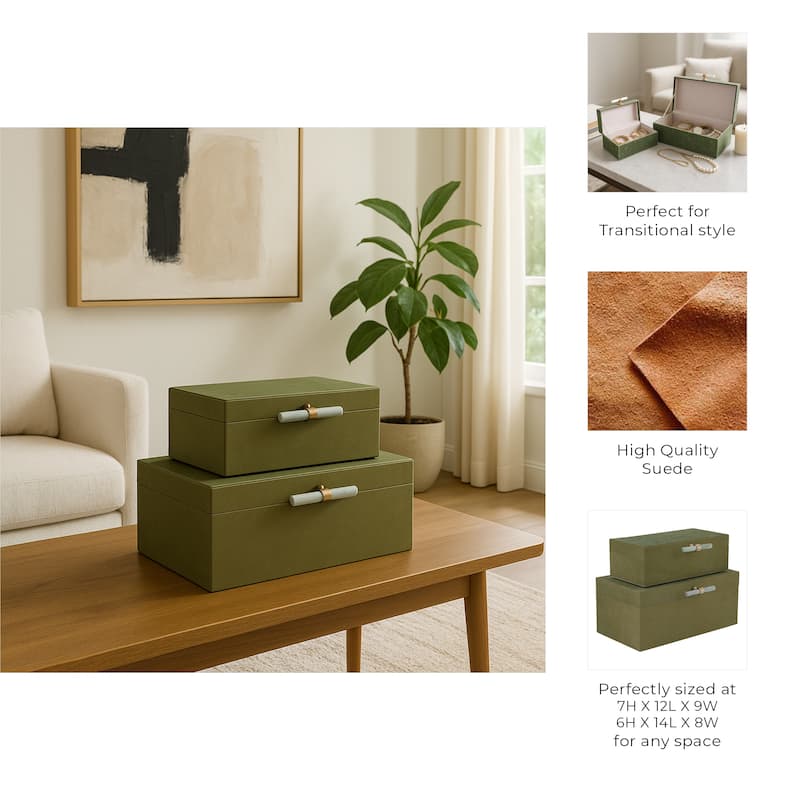 Decorative Rectangular Suede Box with Lid for Home Decor - Set of 2, 14", Green - 14" x 8" x 6"