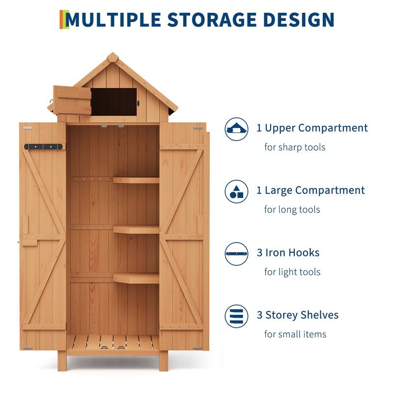 Small Wood Shed Waterproof, 63'' Vertical Outdoor Storage Cabinet with 4 Shelves & Lockable Door
