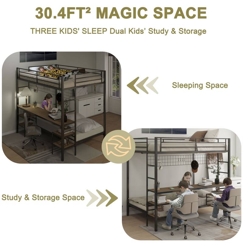 Full Over Twin Bunk Bed with Desk and Charging Station and Shelves and Metal Wire Mesh Panel with Hooks,Safety Guard & Stairs