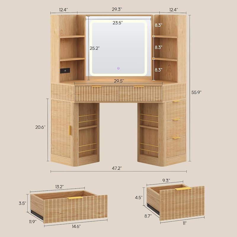 Corner Vanity Desk with Lighted Mirror Drawers Shelves Storage Stool