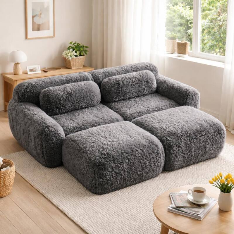 Homy Casa Modular Sectional Sofa, Dark Grey Plush Fabric with Non-Slip Base, No Assembly Living Room Couch with Pillows - G3