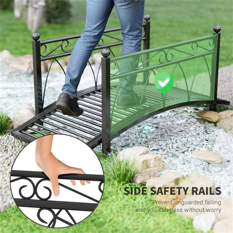 Vintage Style Decorative Steel Garden Bridge with Scrollwork and Safety Side Rails for Outdoor Pond Stream