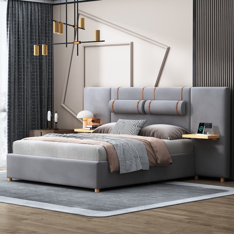 Velvet Upholstered Platform Bed, Wingback Headboard with 2 Bedside Pillows, Wood Panel Bed w/USB Ports & Shelves on Both Sides