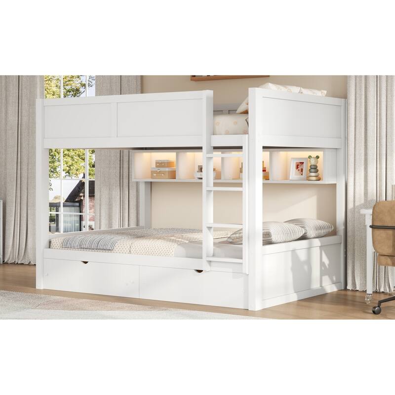 Roomfitters Full XL Over Full XL Bunk Bed with Storage Cabinets, LED Light and Drawers
